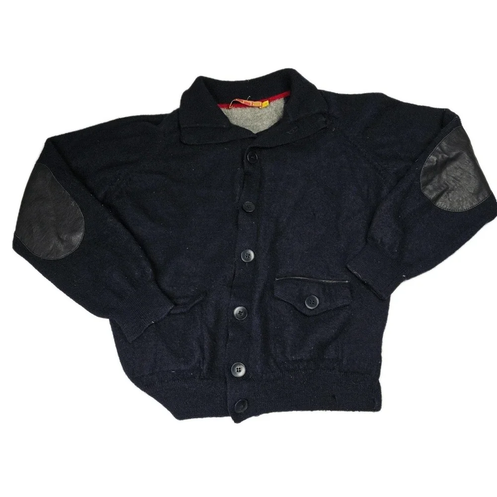 Kuna Navy Knit Cardigan Sweater Leather‎ Elbow Patches Mens Small Button Down